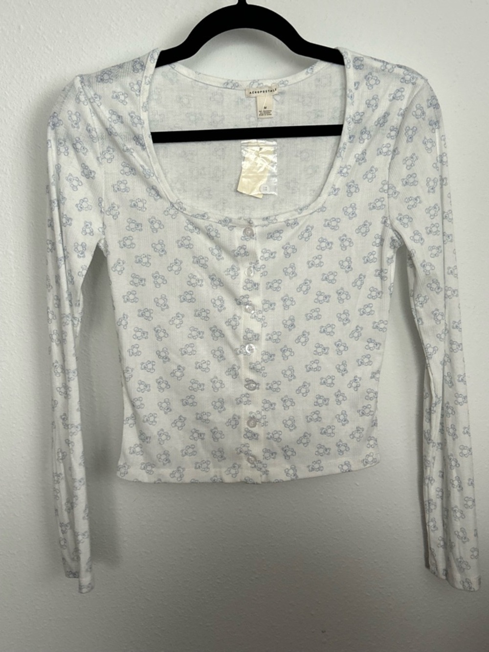 Aeropostale White Button-Front Long Sleeve Crop Top With Light Blue Floral Print
